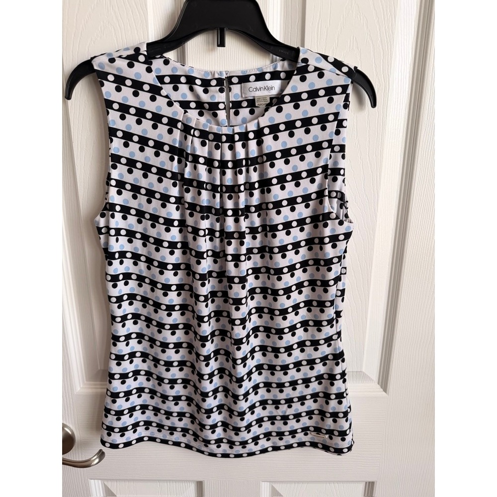 Calvin Klein Womens PS Petite‎ Small Polka Dot Striped Sleeveless Pleated Blouse